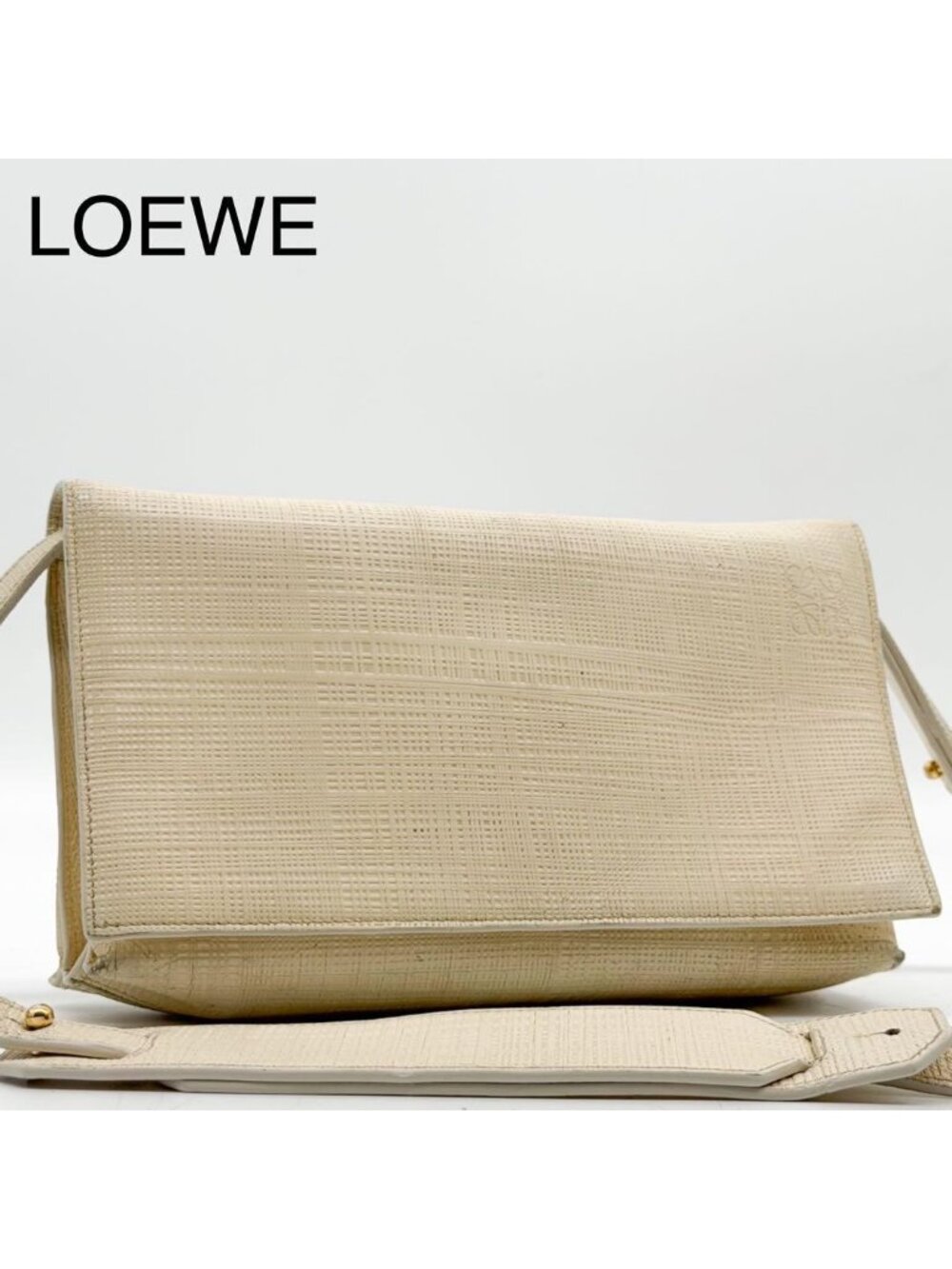 Loewe Vega Linen Anagram Logo Shoulder Bag White Ivory